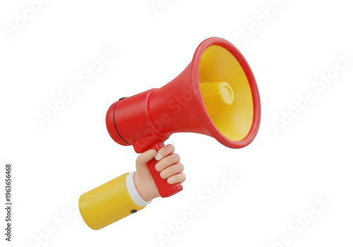 Bright red megaphone with yellow handle for announcements and public speaking