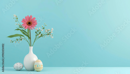 Egg and flowers in a vase in soft lighting and a cozy environment.