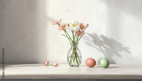 Vase with pink flowers and an egg on a soft and lit background.