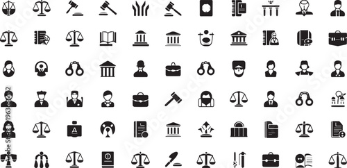 law, justice, 40 icons, black, vector set, law firm, court, legal, symbols, signs