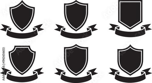 Six black shield emblems with blank banners below them in two rows of three on a white background for heraldry or awards Keywords: shield, emblem