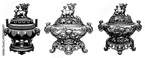 Set of three ornate traditional Asian incense burners with intricate dragon and lion motifs