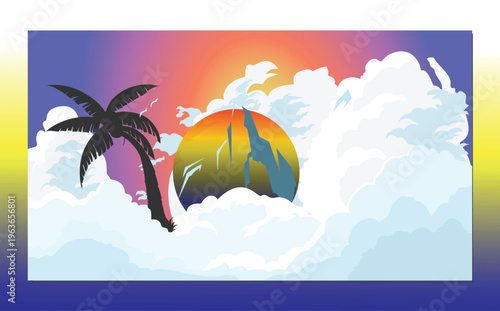 Minimal Tropical Sunset Landscape with Palm Tree, Clouds and Mountain Silhouette Vector Illustration