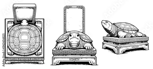 Set of traditional oriental stone turtle statues used for monuments in detailed black and white vector illustration