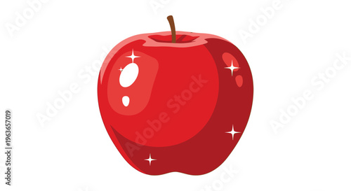 A vibrant red apple with a brown stem and white sparkles on a plain white background