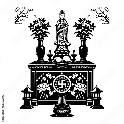 Traditional buddhist altar with a statue of guan yin and decorative offerings in woodcut style