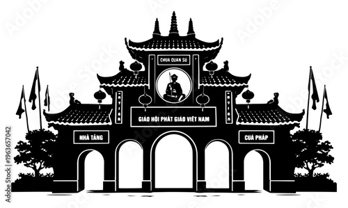 Silhouette of traditional Vietnamese Buddhist temple gate with ornate architecture