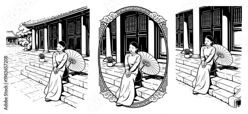 Beautiful woman in traditional dress with paper umbrella sitting on temple stairs in black and white vector