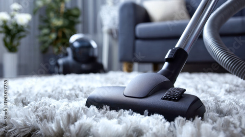Vacuum cleaner head efficiently cleaning a plush white carpet in a cozy modern living room with a sofa and decorative plants in the background