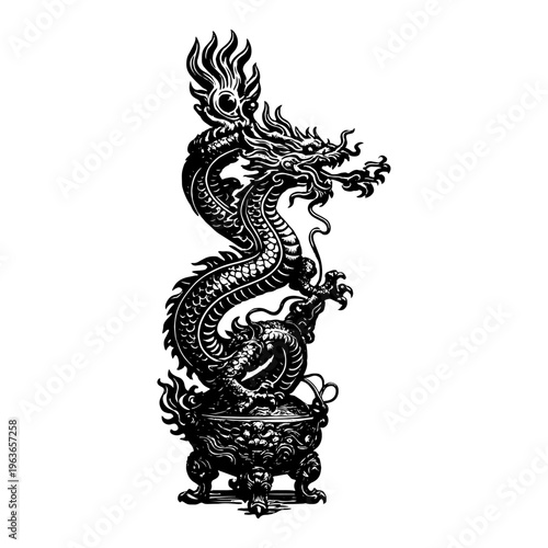 Majestic oriental dragon wrapped around a decorative incense burner in vintage linework style