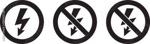 Three black and white showing a lightning bolt symbol within a circle, with the middle and right crossed by a diagonal line indicating prohibition