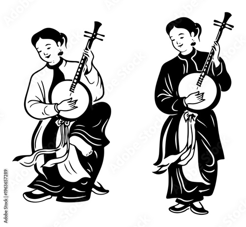 Schilderij op canvas Two women in traditional Vietnamese dress playing moon lute musical instruments
