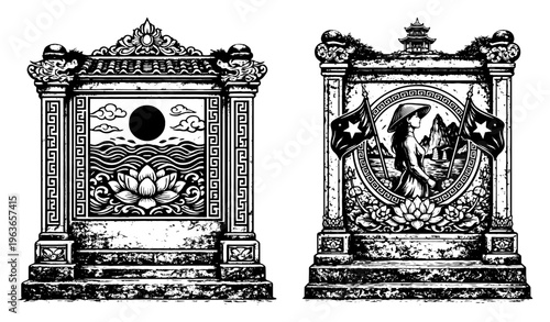Set of two traditional ornate monuments featuring lotus landscape and vietnamese woman in vintage woodcut style