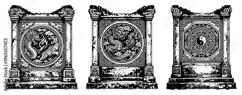 Collection of three ancient stone tablets with dragon motifs and yin yang symbol in weathered woodcut style