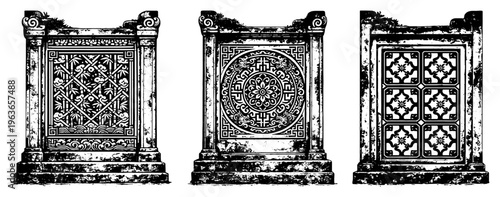 Set of three traditional Asian architectural stone panels with intricate lattice patterns in distressed woodcut style
