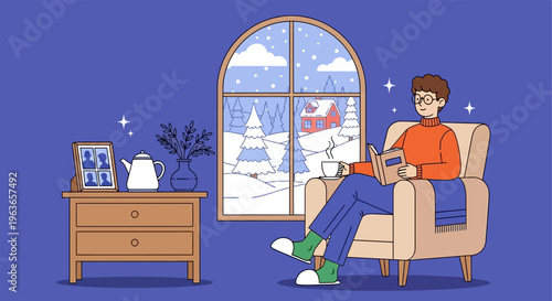 Cozy winter scene of a man relaxing with a hot drink by a large window