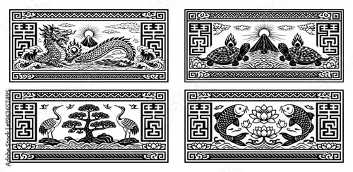 Collection of four traditional Asian decorative panels featuring dragon turtle crane and koi fish motifs