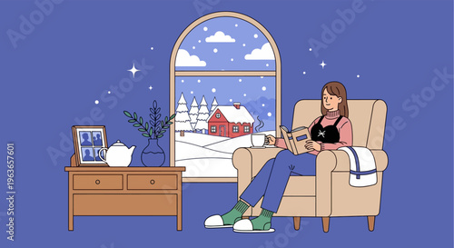 Woman playing guitar in cozy bedroom with snowy night view