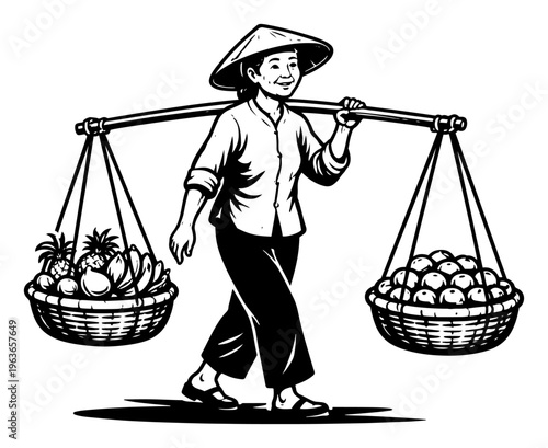 Traditional Vietnamese woman vendor carrying fruit baskets on a shoulder yoke vector illustration