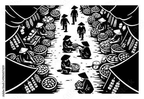 High angle view of a busy traditional Vietnamese outdoor market with street vendors