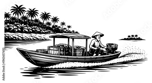 Traditional oriental man driving a wooden motorboat on a tropical river black and white vector