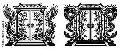 Set of traditional Asian gate designs featuring phoenixes dragons and floral motifs in woodcut style