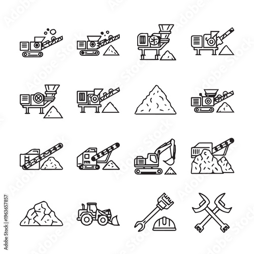 Construction Equipment Icons: Excavators Loaders Crushers Conveyors and Tools for Industry
