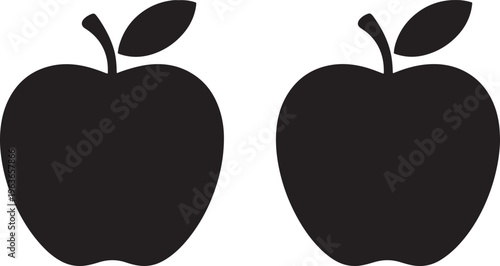 Two identical black silhouette of ripe apples with stems and leaves, representing fruit, healthy eating, and food concepts on a clean white background