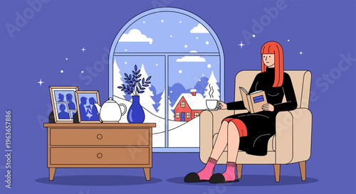 Woman relaxing with a book on a snowy day by the window