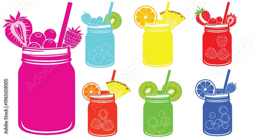 A colorful illustration of mason jars filled with fruit and straws on a white background