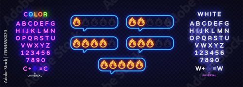Neon fire rating bubbles glowing in bright orange colors. Hot level indicators inside chat style frames on dark background