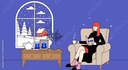 Cozy winter scene with woman reading by the window