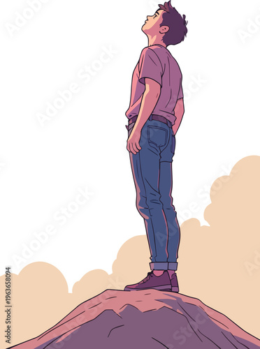 persona uomo ragazzo guarda in alto  vettoriale da montagna in cima 