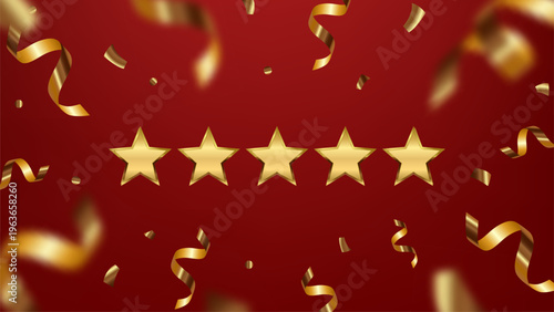 Festive gold 5 star with golden confetti and streamers. Realistic five star rating with metallic effect. Banner for award, medal, hotel status, customer feedback, review. Vector EPS10