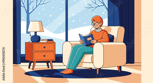 Cozy winter scene of a man reading by the window