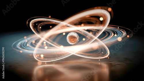 Glowing futuristic atomic structure model with orbiting particles and swirling light trails illustrating atomic or molecular energy dynamics in science research
