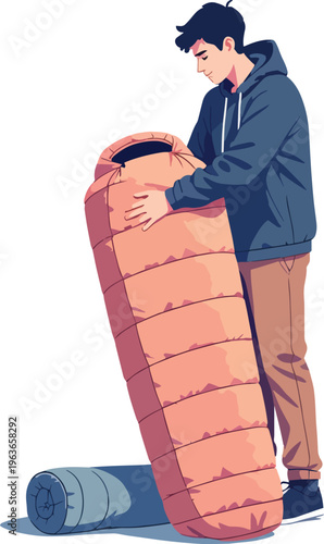 Illustrazione vettoriale di una persona che arrotola o sistema un sacco a pelo imbottito dopo il campeggio. Concetto di outdoor, viaggio, escursionismo, organizzazione dell’attrezzatura e vita 