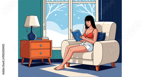 Woman relaxing by the window on a snowy day
