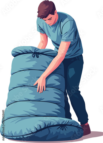 Illustrazione vettoriale di una persona che arrotola o sistema un sacco a pelo imbottito dopo il campeggio. Concetto di outdoor, viaggio, escursionismo, organizzazione dell’attrezzatura e vita 