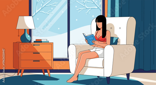 Woman relaxing in a cozy room with a book and a cup of coffee