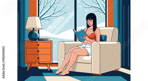 Woman relaxing with a book by the window on a snowy day
