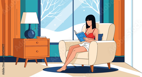 Woman relaxing in a cozy room with a book on a winter day