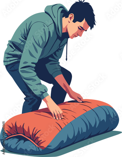 Illustrazione vettoriale di una persona che arrotola o sistema un sacco a pelo imbottito dopo il campeggio. Concetto di outdoor, viaggio, escursionismo, organizzazione dell’attrezzatura e vita 