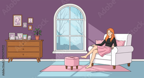 Woman relaxing in a cozy living room with purple walls and large arched window