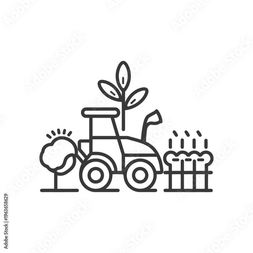 A tractor harvesting crops with a plant and a crop field