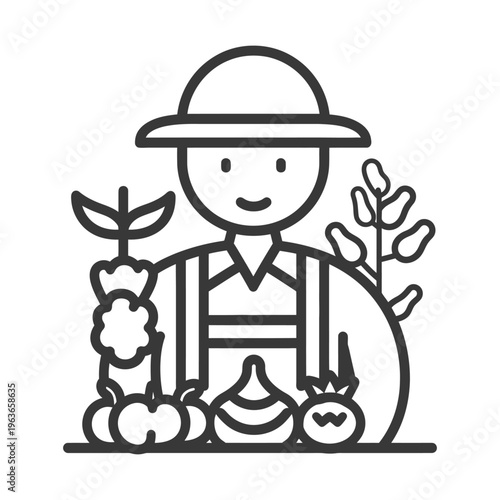A smiling farmer holding various freshly harvested vegetables and fruits