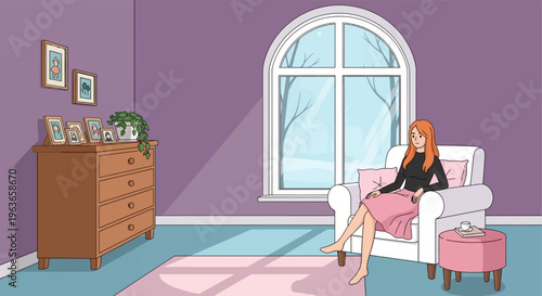 Woman sitting in a pink armchair in a purple room with a large arched window