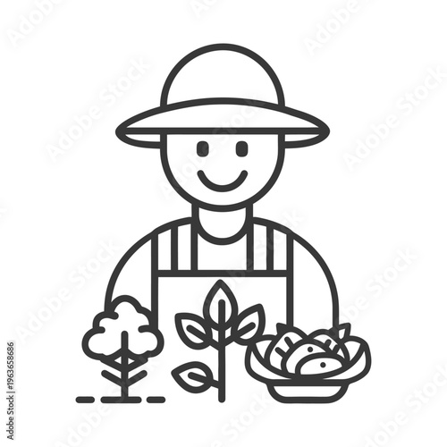 The smiling farmer holding freshly harvested plants and vegetables