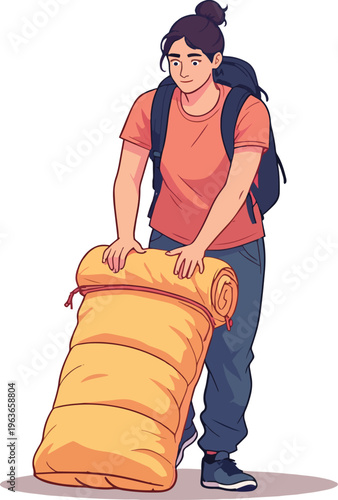 Illustrazione vettoriale di una persona che arrotola o sistema un sacco a pelo imbottito dopo il campeggio. Concetto di outdoor, viaggio, escursionismo, organizzazione dell’attrezzatura e vita 