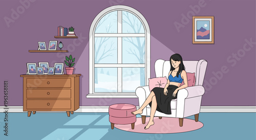 A woman sitting in a white armchair in a purple room with a large arched window